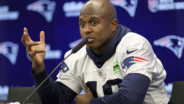 New England Patriots captain Matthew Slater speaks to reporters in Frankfurt, Germany, on Nov. 10, 2023.
